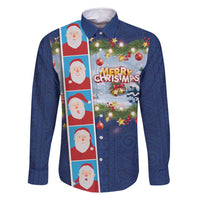 Merry Christmas Family Matching Off Shoulder Maxi Dress and Hawaiian Shirt Funny Santa Claus Cards Photo and Polynesian Pattern Blue Color LT03 Dad's Shirt - Long Sleeve Blue - Polynesian Pride