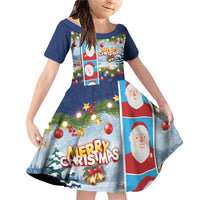 Merry Christmas Family Matching Off Shoulder Short Dress and Hawaiian Shirt Funny Santa Claus Cards Photo and Polynesian Pattern Blue Color LT03 Daughter's Dress Blue - Polynesian Pride