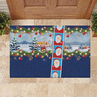 Merry Christmas Rubber Doormat Funny Santa Claus Cards Photo and Polynesian Pattern Blue Color LT03