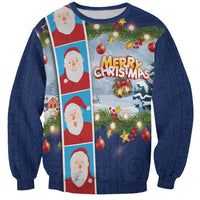 Merry Christmas Sweatshirt Funny Santa Claus Cards Photo and Polynesian Pattern Blue Color