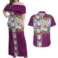 Merry Christmas Couples Matching Off Shoulder Maxi Dress and Hawaiian Shirt Funny Santa Claus Cards Photo and Polynesian Pattern Pink Color LT03 Pink - Polynesian Pride