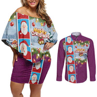 Merry Christmas Couples Matching Off Shoulder Short Dress and Long Sleeve Button Shirt Funny Santa Claus Cards Photo and Polynesian Pattern Pink Color