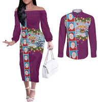 Merry Christmas Couples Matching Off The Shoulder Long Sleeve Dress and Long Sleeve Button Shirt Funny Santa Claus Cards Photo and Polynesian Pattern Pink Color