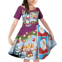 Merry Christmas Family Matching Off Shoulder Short Dress and Hawaiian Shirt Funny Santa Claus Cards Photo and Polynesian Pattern Pink Color LT03 Daughter's Dress Pink - Polynesian Pride