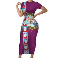 Merry Christmas Family Matching Short Sleeve Bodycon Dress and Hawaiian Shirt Funny Santa Claus Cards Photo and Polynesian Pattern Pink Color LT03 Mom's Dress Pink - Polynesian Pride
