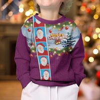 Merry Christmas Kid Ugly Christmas Sweater Funny Santa Claus Cards Photo and Polynesian Pattern Pink Color