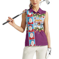 Merry Christmas Women Sleeveless Polo Shirt Funny Santa Claus Cards Photo and Polynesian Pattern Pink Color