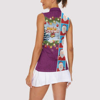 Merry Christmas Women Sleeveless Polo Shirt Funny Santa Claus Cards Photo and Polynesian Pattern Pink Color