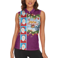 Merry Christmas Women Sleeveless Polo Shirt Funny Santa Claus Cards Photo and Polynesian Pattern Pink Color