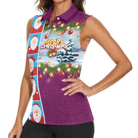 Merry Christmas Women Sleeveless Polo Shirt Funny Santa Claus Cards Photo and Polynesian Pattern Pink Color