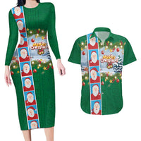 Merry Christmas Couples Matching Long Sleeve Bodycon Dress and Hawaiian Shirt Funny Santa Claus Cards Photo and Polynesian Pattern Green Color LT03 Green - Polynesian Pride