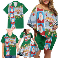 Merry Christmas Family Matching Off Shoulder Short Dress and Hawaiian Shirt Funny Santa Claus Cards Photo and Polynesian Pattern Green Color LT03 - Polynesian Pride