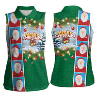 Merry Christmas Women Sleeveless Polo Shirt Funny Santa Claus Cards Photo and Polynesian Pattern Green Color