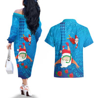 Hawaiian Santa Claus Snorkeling Couples Matching Off The Shoulder Long Sleeve Dress and Hawaiian Shirt Kakau and Polynesian Pattern LT03 - Polynesian Pride