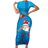 Hawaiian Santa Claus Snorkeling Family Matching Short Sleeve Bodycon Dress and Hawaiian Shirt Kakau and Polynesian Pattern LT03 Mom's Dress Blue - Polynesian Pride