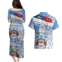 New Zealand Auckland Couples Matching Puletasi and Hawaiian Shirt Auckland's Flag and Coat of Arms - Koru Art Maori Pattern