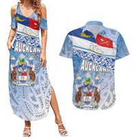 New Zealand Auckland Couples Matching Summer Maxi Dress and Hawaiian Shirt Auckland's Flag and Coat of Arms - Koru Art Maori Pattern
