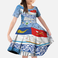 New Zealand Auckland Family Matching Long Sleeve Bodycon Dress and Hawaiian Shirt Auckland's Flag and Coat of Arms - Koru Art Maori Pattern LT03 Daughter's Dress Light Blue - Polynesian Pride