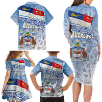 New Zealand Auckland Family Matching Long Sleeve Bodycon Dress and Hawaiian Shirt Auckland's Flag and Coat of Arms - Koru Art Maori Pattern LT03 - Polynesian Pride