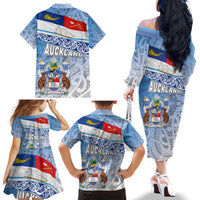 New Zealand Auckland Family Matching Off The Shoulder Long Sleeve Dress and Hawaiian Shirt Auckland's Flag and Coat of Arms - Koru Art Maori Pattern LT03 - Polynesian Pride