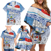 New Zealand Auckland Family Matching Off Shoulder Short Dress and Hawaiian Shirt Auckland's Flag and Coat of Arms - Koru Art Maori Pattern LT03 - Polynesian Pride