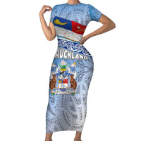 New Zealand Auckland Family Matching Short Sleeve Bodycon Dress and Hawaiian Shirt Auckland's Flag and Coat of Arms - Koru Art Maori Pattern LT03 Mom's Dress Light Blue - Polynesian Pride