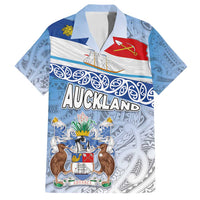 New Zealand Auckland Family Matching Tank Maxi Dress and Hawaiian Shirt Auckland's Flag and Coat of Arms - Koru Art Maori Pattern LT03 Dad's Shirt - Short Sleeve Light Blue - Polynesian Pride