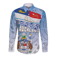 New Zealand Auckland Long Sleeve Button Shirt Auckland's Flag and Coat of Arms - Koru Art Maori Pattern LT03 Unisex Light Blue - Polynesian Pride
