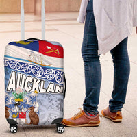 New Zealand Auckland Luggage Cover Auckland's Flag and Coat of Arms - Koru Art Maori Pattern LT03 Light Blue - Polynesian Pride