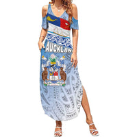 New Zealand Auckland Summer Maxi Dress Auckland's Flag and Coat of Arms - Koru Art Maori Pattern LT03 Women Light Blue - Polynesian Pride