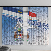 New Zealand Auckland Window Curtain Auckland's Flag and Coat of Arms - Koru Art Maori Pattern LT03 With Hooks Light Blue - Polynesian Pride