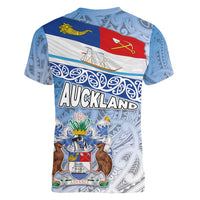 New Zealand Auckland Women V-Neck T-Shirt Auckland's Flag and Coat of Arms - Koru Art Maori Pattern