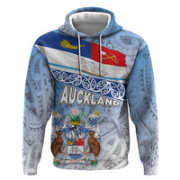 New Zealand Auckland Zip Hoodie Auckland's Flag and Coat of Arms - Koru Art Maori Pattern LT03 Pullover Hoodie Light Blue - Polynesian Pride