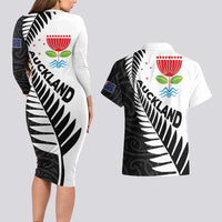 New Zealand Auckland Couples Matching Long Sleeve Bodycon Dress and Hawaiian Shirt Auckland's Emblem and Silver Ferns - Maori Art Tattoo LT03 - Polynesian Pride