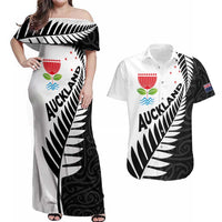 New Zealand Auckland Couples Matching Off Shoulder Maxi Dress and Hawaiian Shirt Auckland's Emblem and Silver Ferns - Maori Art Tattoo LT03 Light Blue - Polynesian Pride