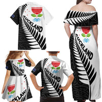 New Zealand Auckland Family Matching Off Shoulder Maxi Dress and Hawaiian Shirt Auckland's Emblem and Silver Ferns - Maori Art Tattoo LT03 - Polynesian Pride