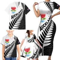 New Zealand Auckland Family Matching Short Sleeve Bodycon Dress and Hawaiian Shirt Auckland's Emblem and Silver Ferns - Maori Art Tattoo LT03 - Polynesian Pride