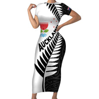 New Zealand Auckland Family Matching Short Sleeve Bodycon Dress and Hawaiian Shirt Auckland's Emblem and Silver Ferns - Maori Art Tattoo LT03 Mom's Dress Light Blue - Polynesian Pride