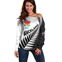New Zealand Auckland Off Shoulder Sweater Auckland's Emblem and Silver Ferns - Maori Art Tattoo LT03 Women Light Blue - Polynesian Pride