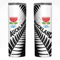 New Zealand Auckland Skinny Tumbler Auckland's Emblem and Silver Ferns - Maori Art Tattoo LT03 Light Blue - Polynesian Pride