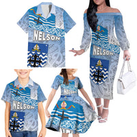 New Zealand Nelson Family Matching Off The Shoulder Long Sleeve Dress and Hawaiian Shirt Nelson's Flag and Seal - Maori Art Tattoo LT03 - Polynesian Pride