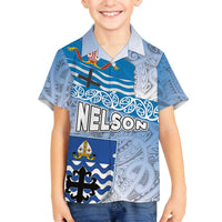 New Zealand Nelson Family Matching Off The Shoulder Long Sleeve Dress and Hawaiian Shirt Nelson's Flag and Seal - Maori Art Tattoo LT03 Son's Shirt White - Polynesian Pride