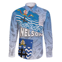 New Zealand Nelson Family Matching Off Shoulder Maxi Dress and Hawaiian Shirt Nelson's Flag and Seal - Maori Art Tattoo LT03 Dad's Shirt - Long Sleeve White - Polynesian Pride