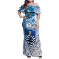 New Zealand Nelson Family Matching Off Shoulder Maxi Dress and Hawaiian Shirt Nelson's Flag and Seal - Maori Art Tattoo LT03 Mom's Dress White - Polynesian Pride