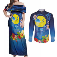 Palau Jellyfish Couples Matching Off Shoulder Maxi Dress and Long Sleeve Button Shirt Ocean Heritage Tropical Plants LT03 Blue - Polynesian Pride