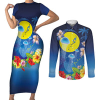Palau Jellyfish Couples Matching Short Sleeve Bodycon Dress and Long Sleeve Button Shirt Ocean Heritage Tropical Plants - Polynesian Pride