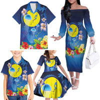 Palau Jellyfish Family Matching Off The Shoulder Long Sleeve Dress and Hawaiian Shirt Ocean Heritage Tropical Plants LT03 - Polynesian Pride