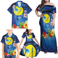 Palau Jellyfish Family Matching Off Shoulder Maxi Dress and Hawaiian Shirt Ocean Heritage Tropical Plants LT03 - Polynesian Pride
