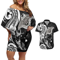 Hawaiian Manta Rays Couples Matching Off Shoulder Short Dress and Hawaiian Shirt Tribal Hibiscus Polynesian Tattoos Black Color LT03 Black - Polynesian Pride