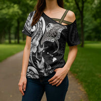Hawaiian Manta Rays Cross Shoulder Shirt Tribal Hibiscus Polynesian Tattoos Black Color - Polynesian Pride